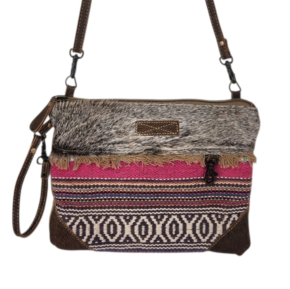 Myra Bag Crossbody Upcycled Canvas Genuine Cowhide Hair Patchwork Boho Leather - Picture 15 of 15